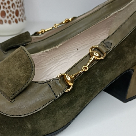 Vintage Gucci Olive Green Suede Block Kitten Heel Loafers Size 37 6.5 Vintage - Picture 7 of 13